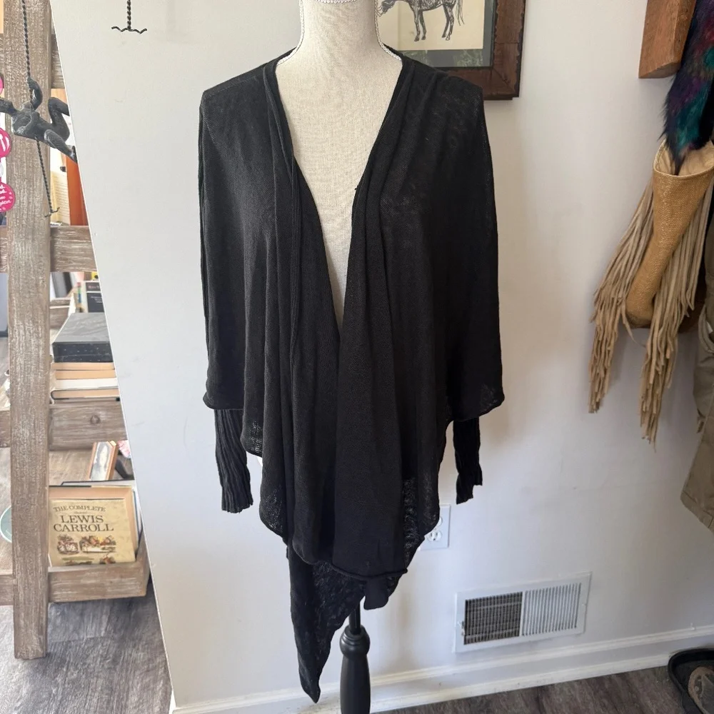 EILEEN FISHER Black 100% Linen Draped Cardigan M